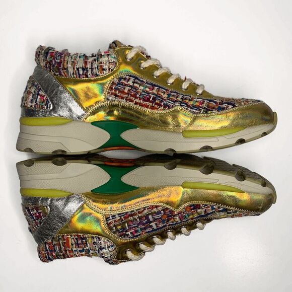 Chanel CC Logo Tweed Rainbow Metallic Gold Multi Sneakers EU 36.5 Lace Up Shoes - Picture 6 of 10